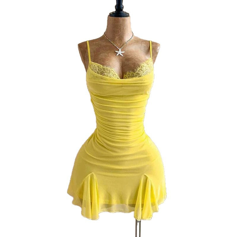 Soft Yellow Lace Strap Dress with Pleated Waist, Tulle Ruffle,Elegant Bodycon Style