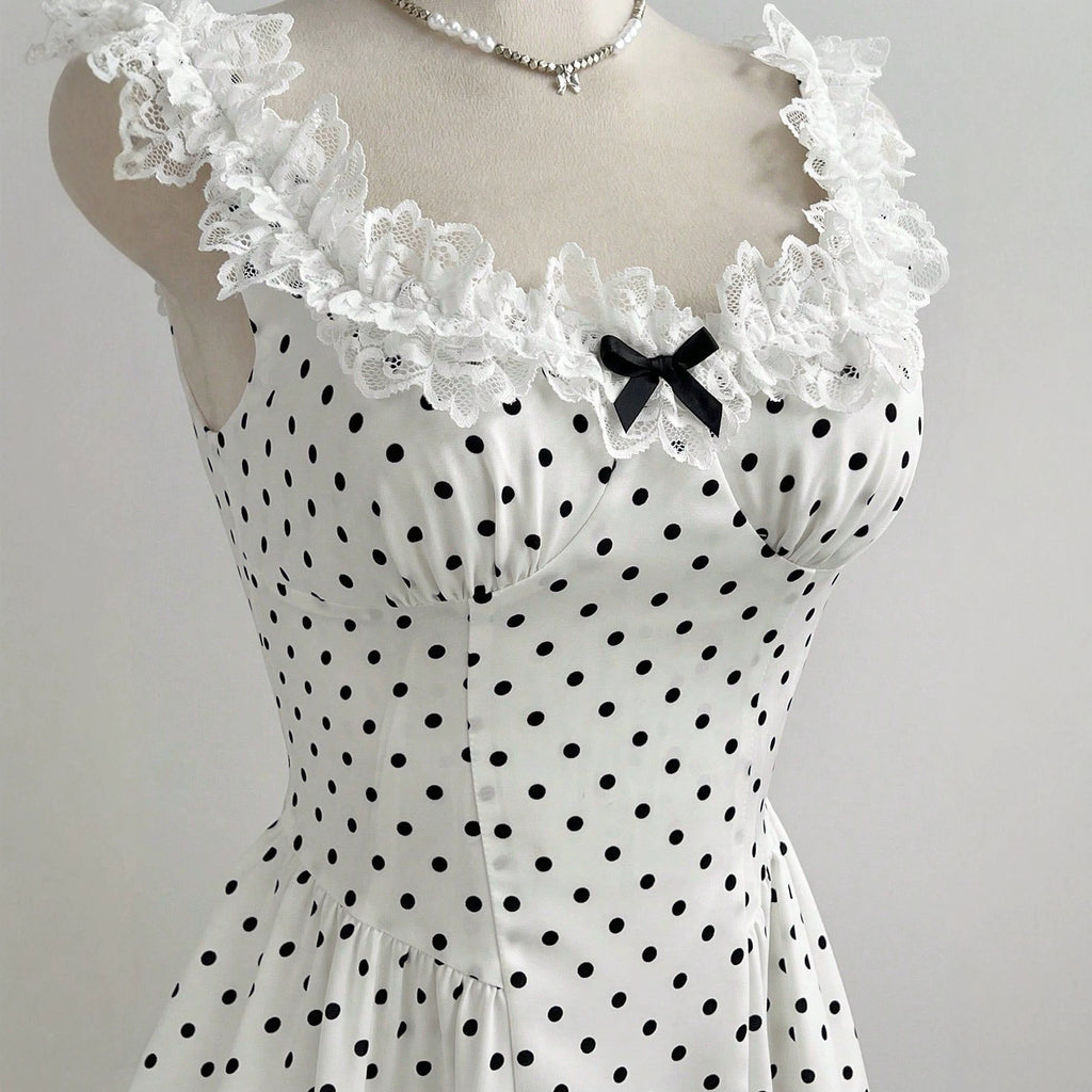 Lace lace bow polka dot A-line dress