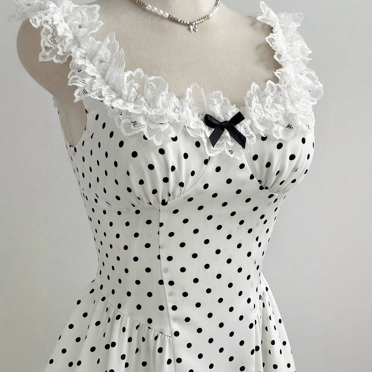 Lace lace bow polka dot A-line dress