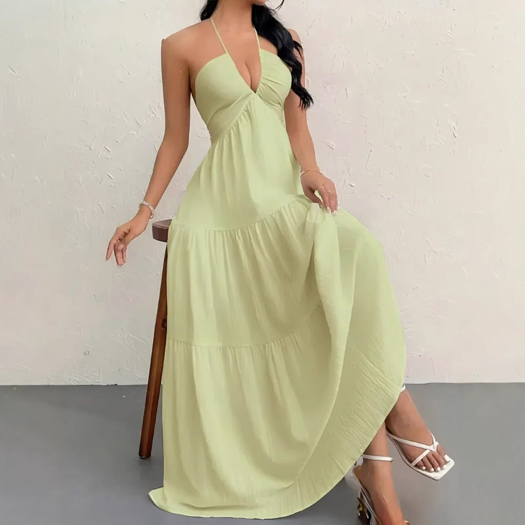 European and American Style Summer New Solid Color Strapless Sexy Backless Tie-Up Beach Vacation Casual Halter Neck Dress