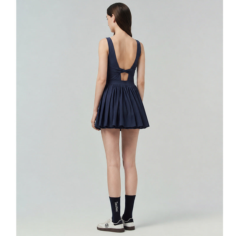 Youthful Sporty Tennis Dress with Pleated Hem, Backless, Fitted Waist, Flared Skirt