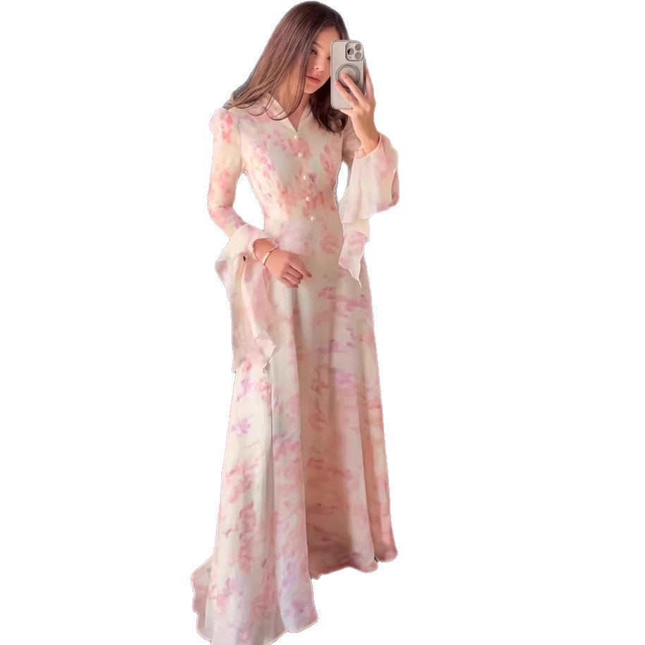 Style Printed Fitted Flared Sleeve A-line Long Sleeve Dress