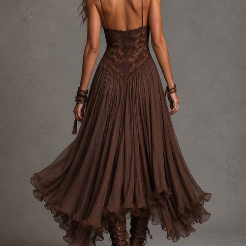 Chiffon Printed Strap Fitted Long Dress, Vintage Flowy Maxi Dress