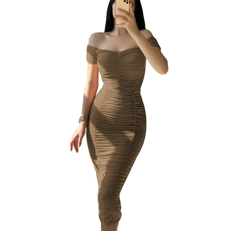 Elegant Pure Color Long Dress with Off-Shoulder Pleated DesignSummer Women's Dress