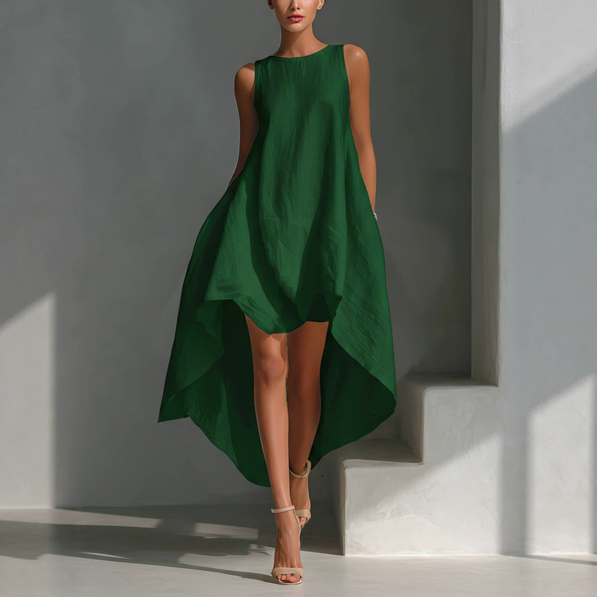 Spring Cotton Linen Irregular Hem Sleeveless Dress for Women Casual Vacation Wear