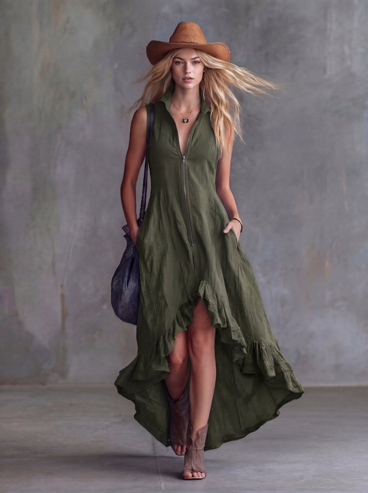 Vintage Casual Turn-Down Collar Front Zipper Ruffle Hem Dress for Women