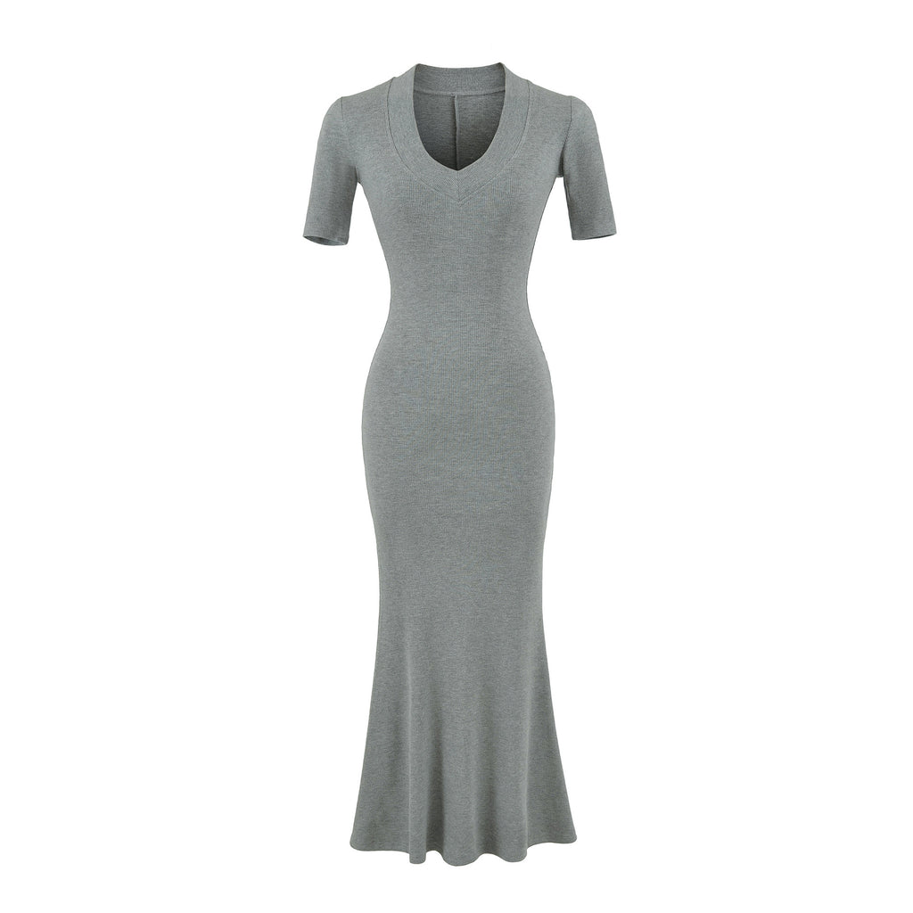U-Neck Fitted Waist-Cinching Short Sleeve Long Dress for Women, Drapey Elegant Bodycon Mermaid Long Skirt