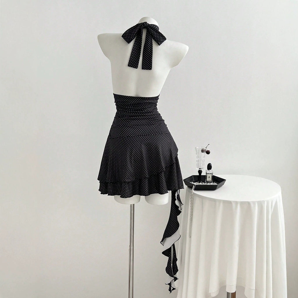 Hanging neck V-neck polka dot waist women's dress