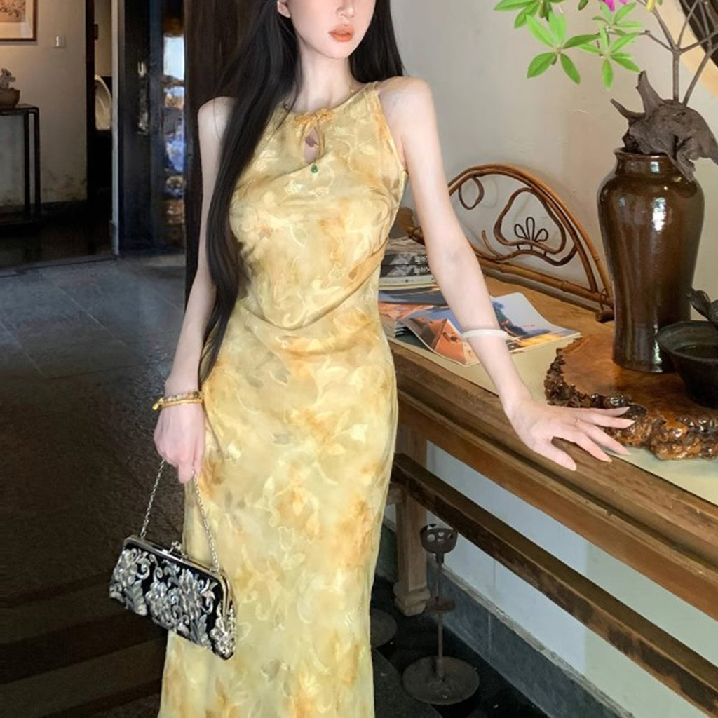 Cut-Out Shoulder Improved Cheongsam Mid-Length Dress