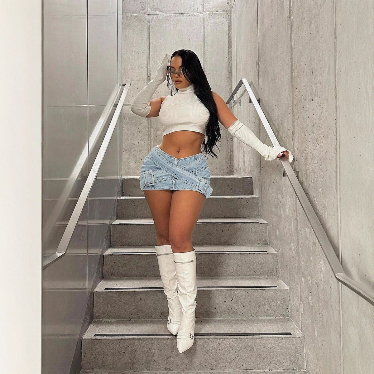 Fashionable Light Blue Denim Mini Skirt with Cross-Over Buckle Design, Bodycon Style