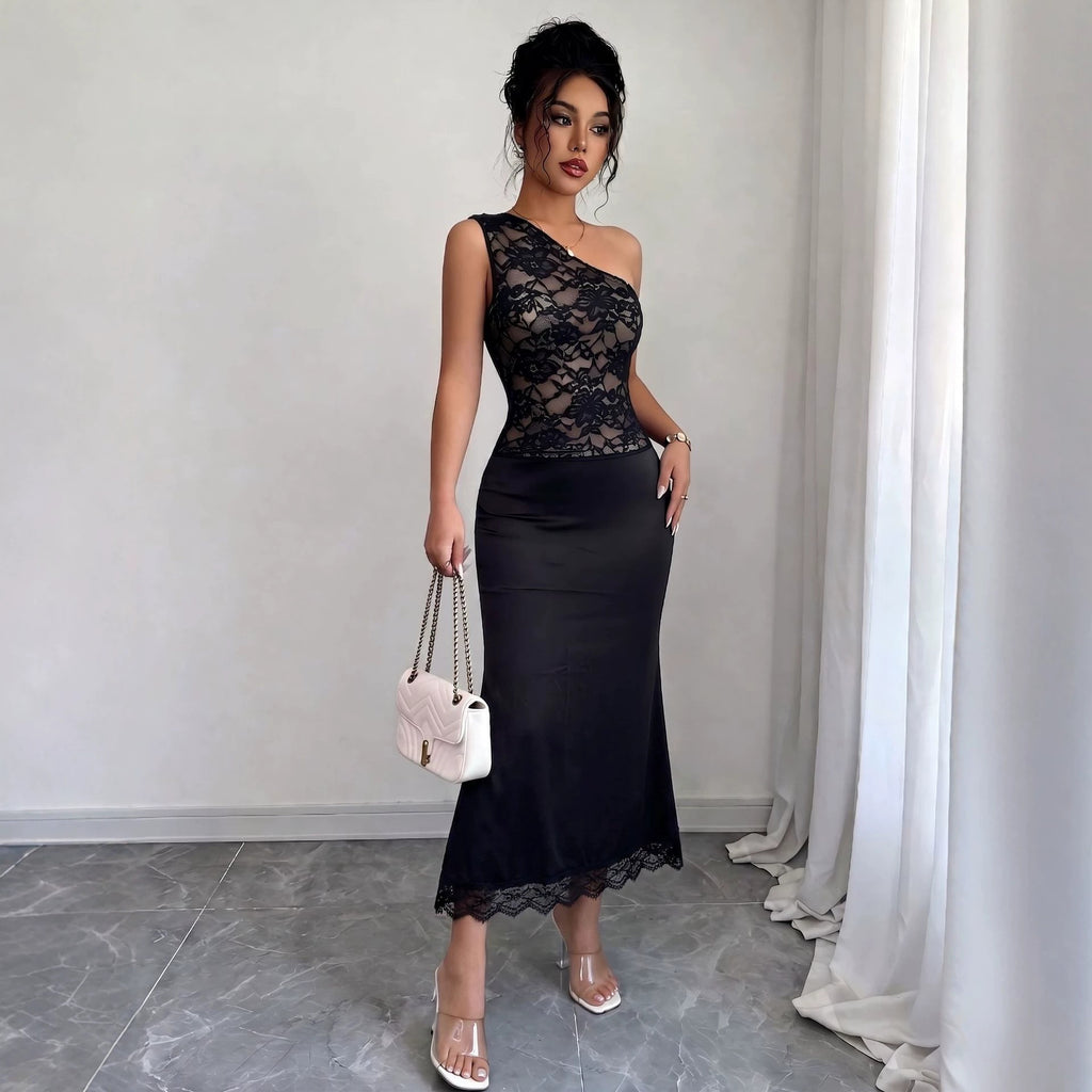 Slanted shoulder lace patchwork slim fit hip hugging dress