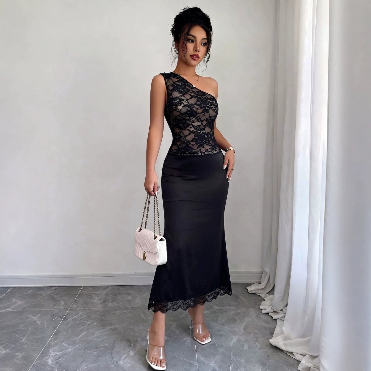 Slanted shoulder lace patchwork slim fit hip hugging dress