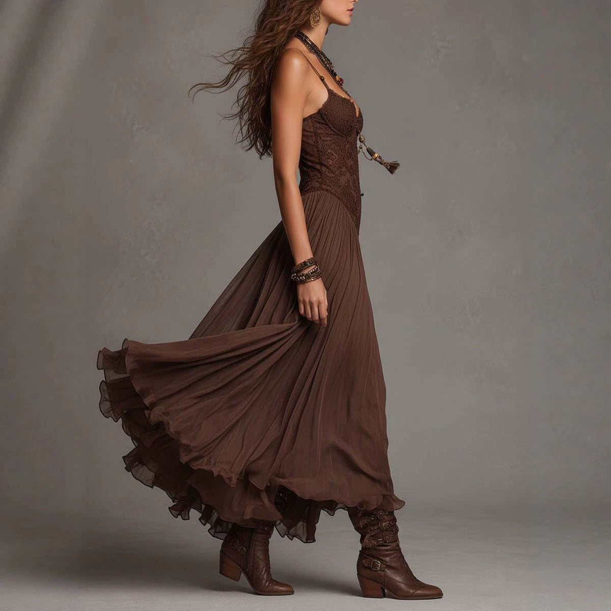 Chiffon Printed Strap Fitted Long Dress, Vintage Flowy Maxi Dress