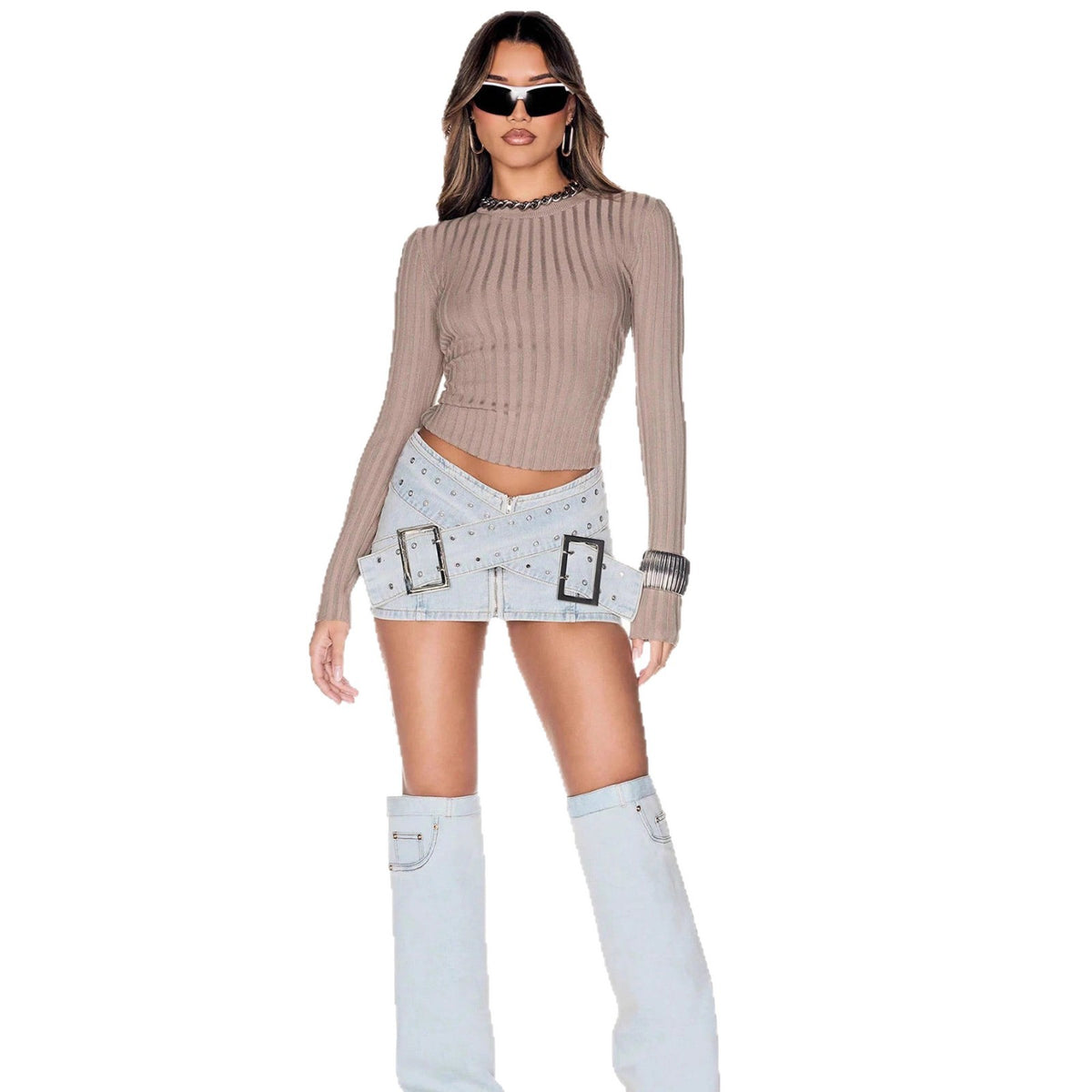 Fashionable Light Blue Denim Mini Skirt with Cross-Over Buckle Design, Bodycon Style