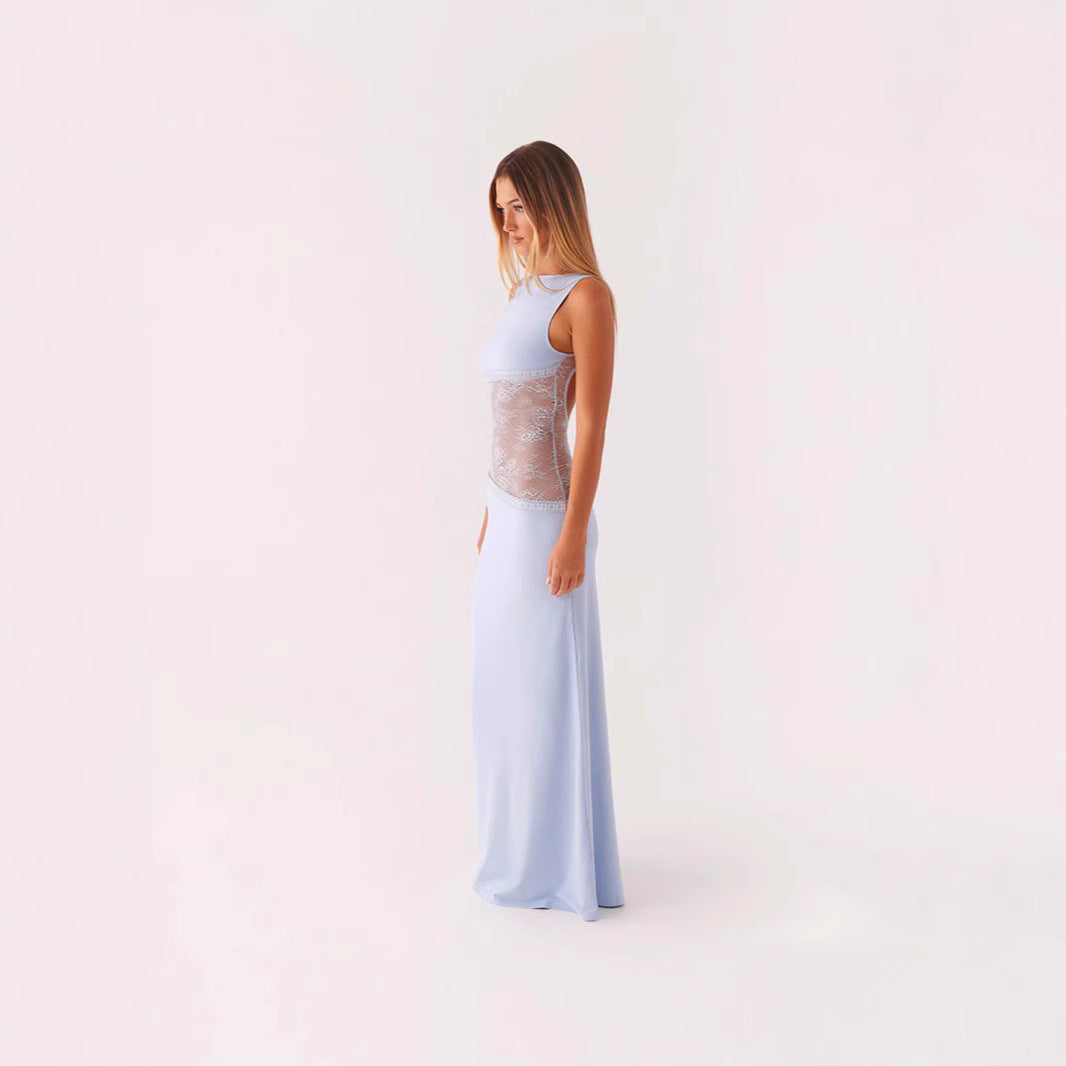 Slim lace satin patchwork backless long dress for women