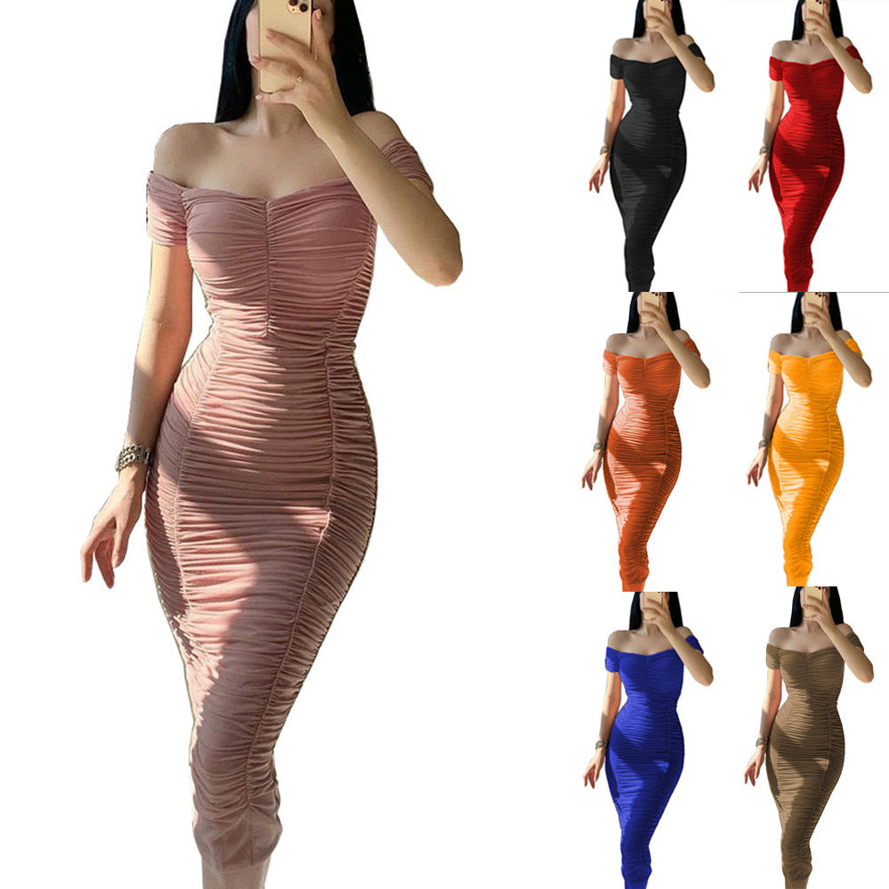 Elegant Pure Color Long Dress with Off-Shoulder Pleated DesignSummer Women's Dress