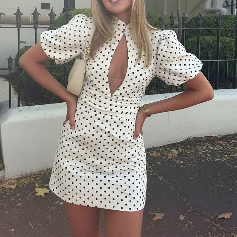 Elegant Polka Dot Dress with Stand Collar and Hollow Design for Women