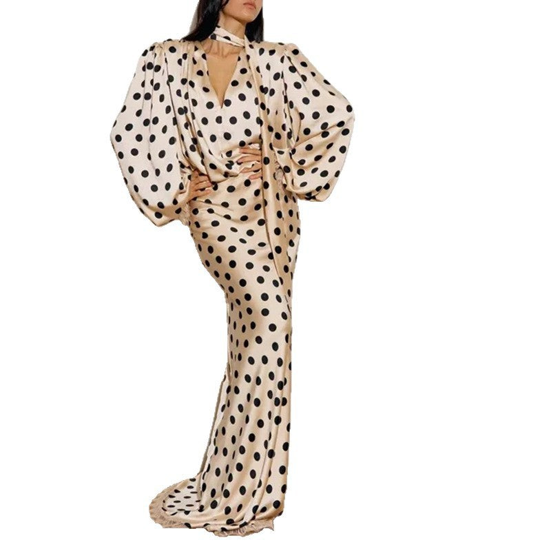 Vintage Polka Dot Puff Sleeve Fitted Long Dress Women's Fashion Spring Style