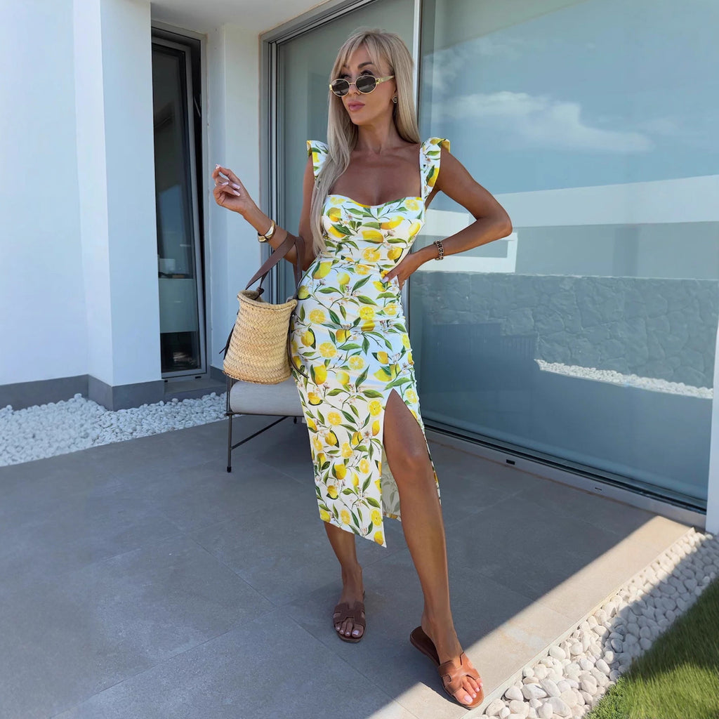 Elegant French Floral Strap Split Midi Women's Dress