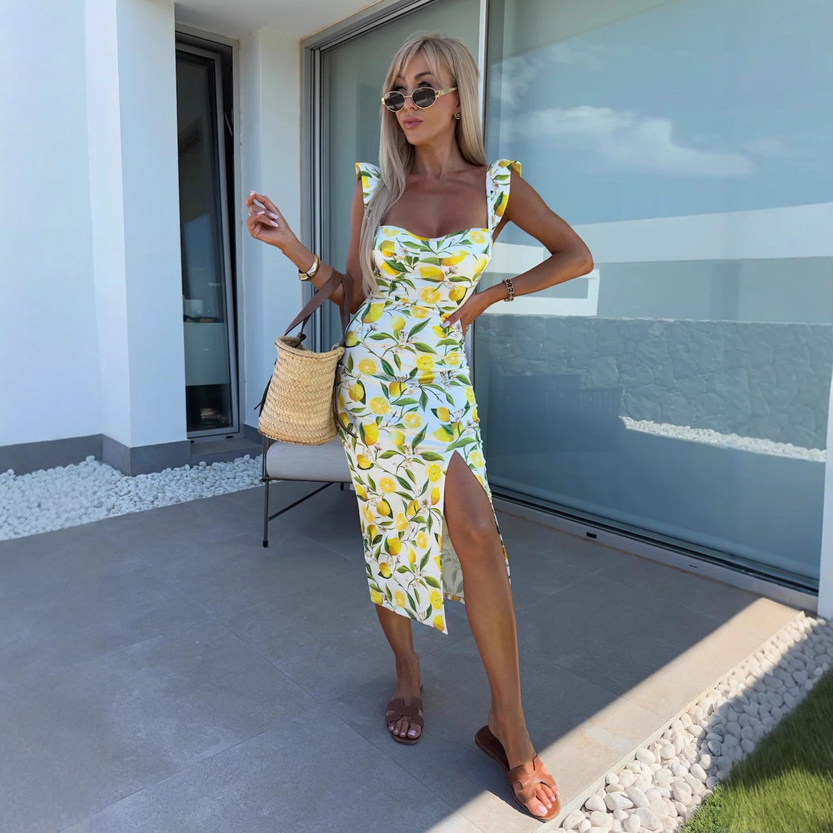 Elegant French Floral Strap Split Midi Women's Dress