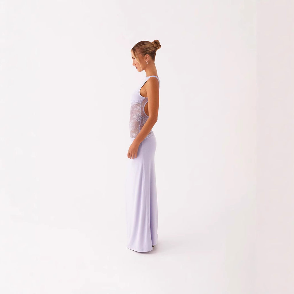 Slim lace satin patchwork backless long dress for women