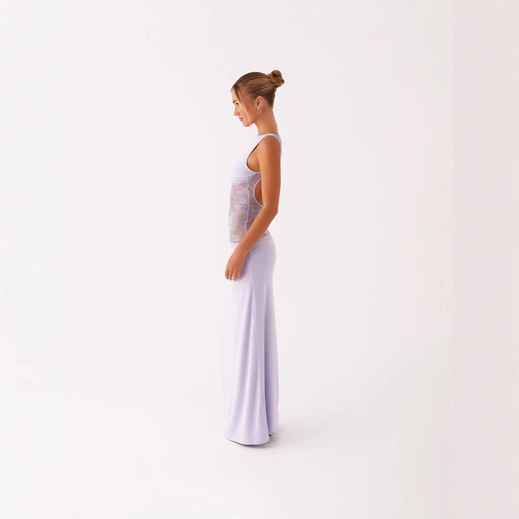 Slim lace satin patchwork backless long dress for women