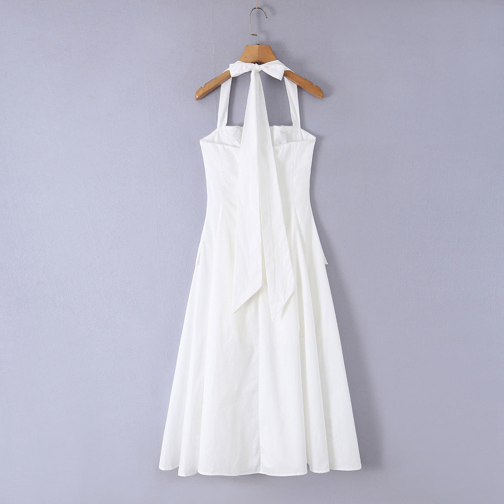 Vintage style neck button up mid length dress
