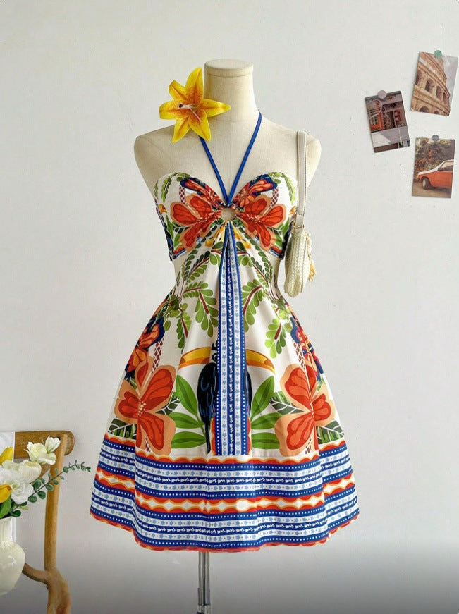 Bohemian Beach Vacation Strapless Crop Top Dress Red Ocean Floral Cut-Out Waist Dress