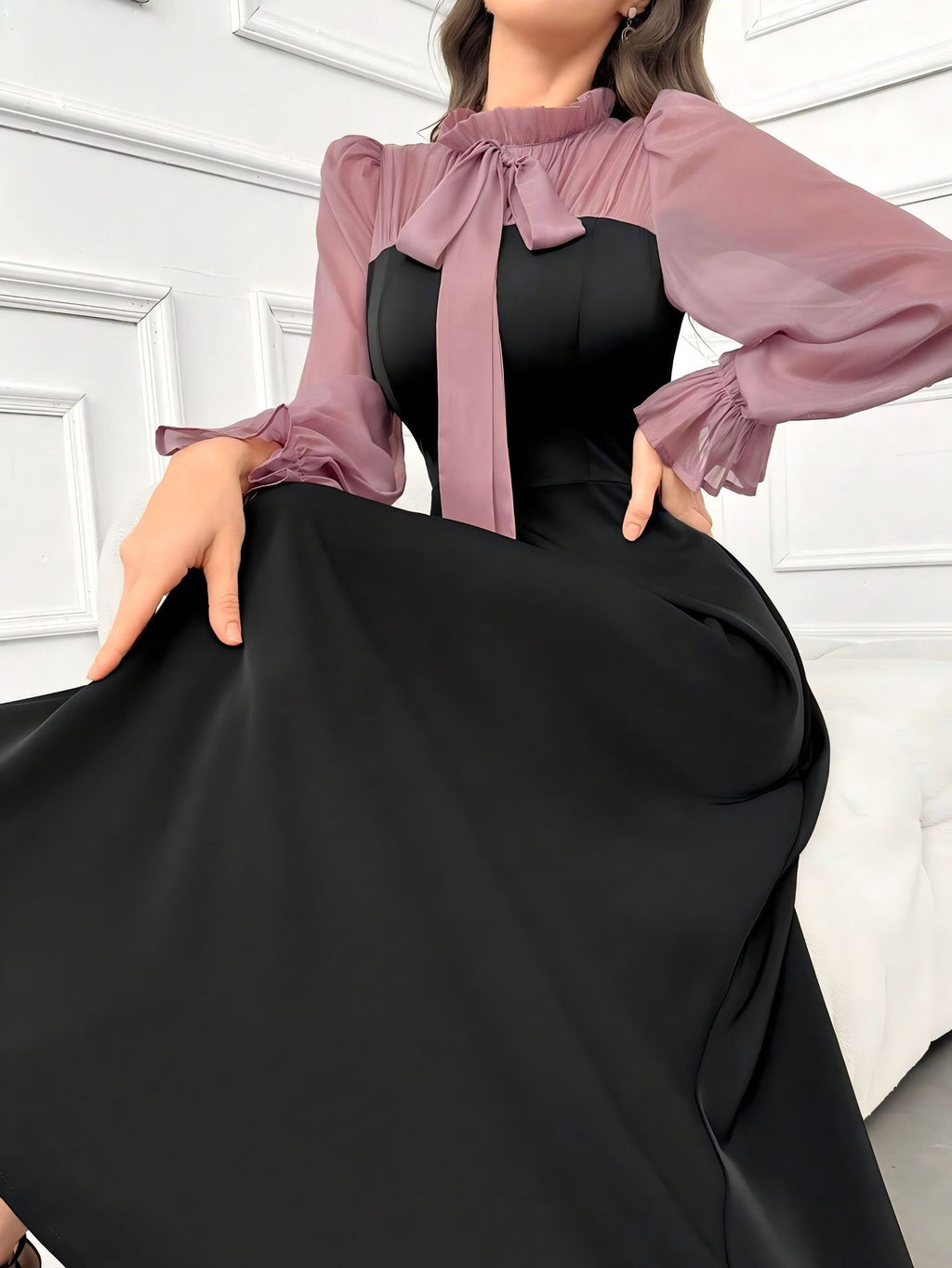 Spliced Dress for Women, Elegant Fitted Waist Slim Black Long Dress, Spring Fashion Style