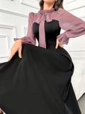 Spliced Dress for Women, Elegant Fitted Waist Slim Black Long Dress, Spring Fashion Style