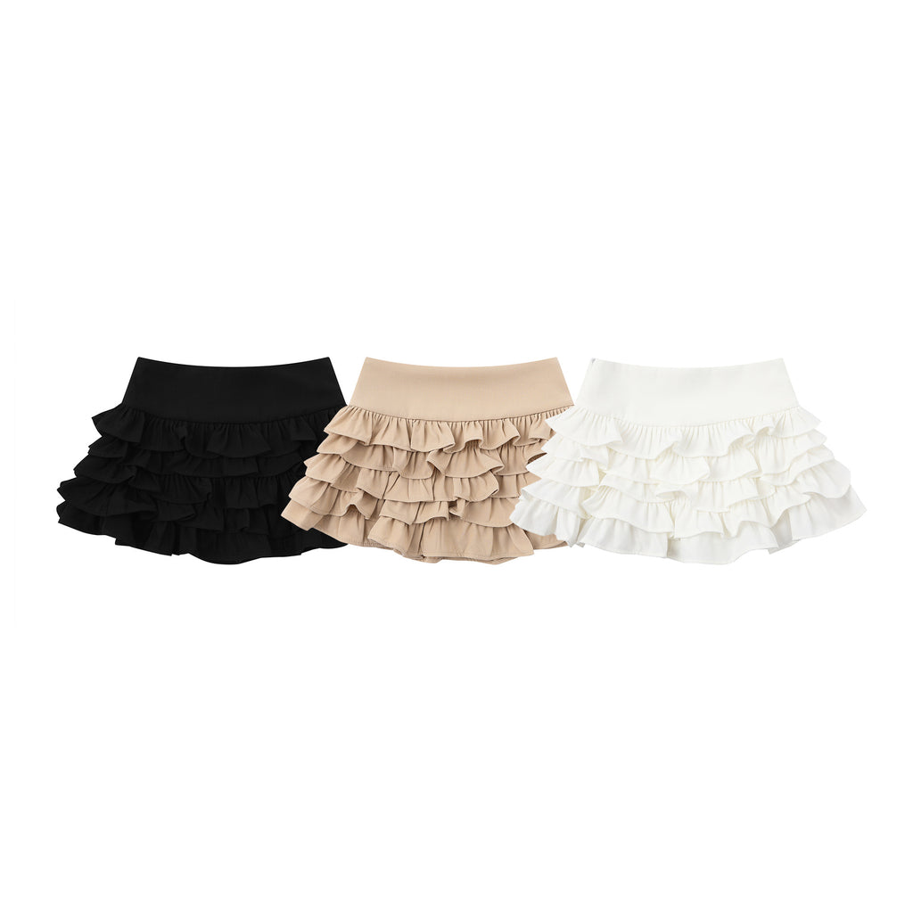 Layered Ruffle Skirt High Waist Solid Color Sweet Style Mini Skirt
