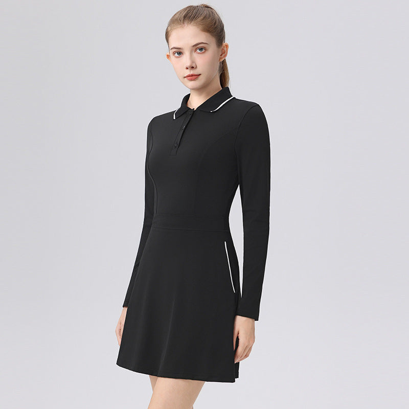 Long Sleeve Fitted Polo Neck Tennis Dress, Elegant Minimalist Badminton Sport Series Long Dress for Women