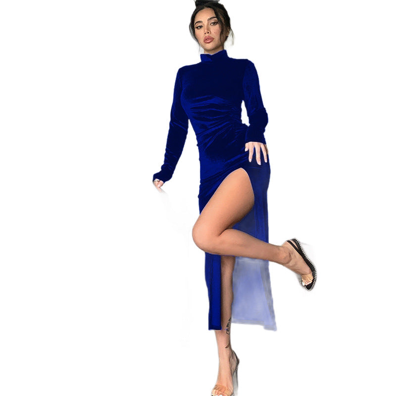 Women's High Neck Long Velvet Dress with Pleats and Slit Fitted SilhouetteAutumn/Winter Fashion