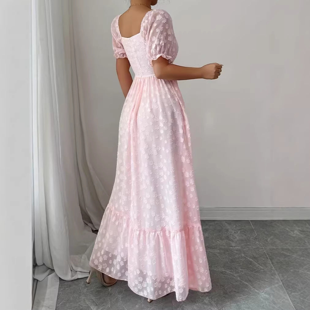 Square Neck Pink Embroidered Dress for Women, High-Waisted Slim Fit Plus Size Dress