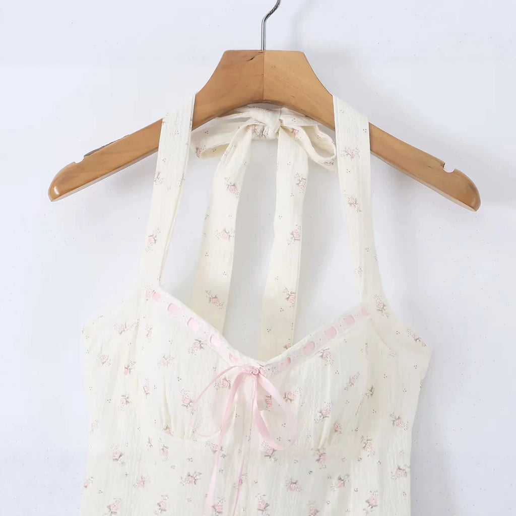 Charming Floral Print Dress for Women Cute Vacation Style Halter Neck Mini A-Line Pleated Skirt