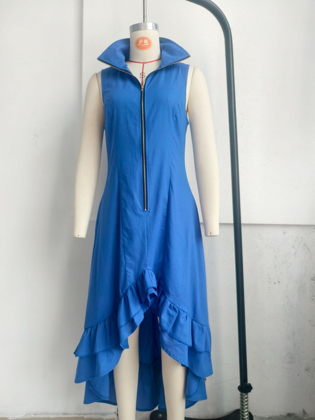 Vintage Casual Turn-Down Collar Front Zipper Ruffle Hem Dress for Women