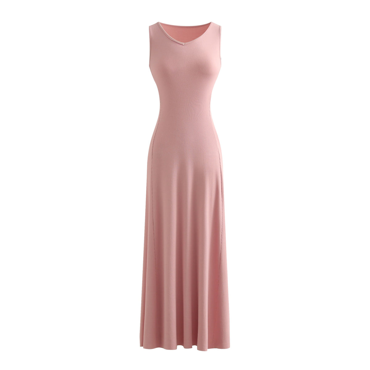 Elegant V-Neck Knitted Fitted Waist Cinched Sleeveless Tea Dress for Women Long Dress
