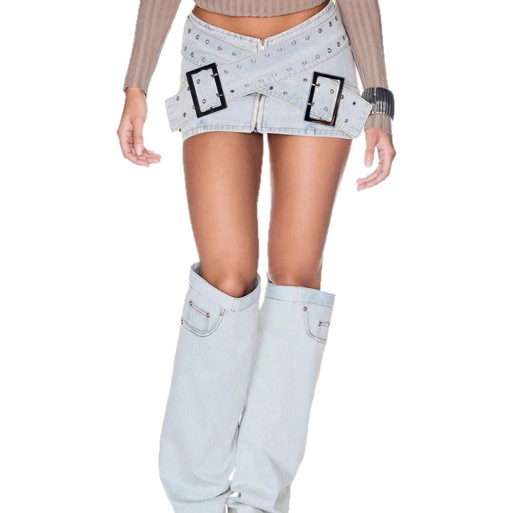 Fashionable Light Blue Denim Mini Skirt with Cross-Over Buckle Design, Bodycon Style