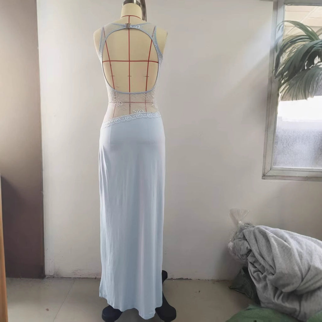 Slim lace satin patchwork backless long dress for women