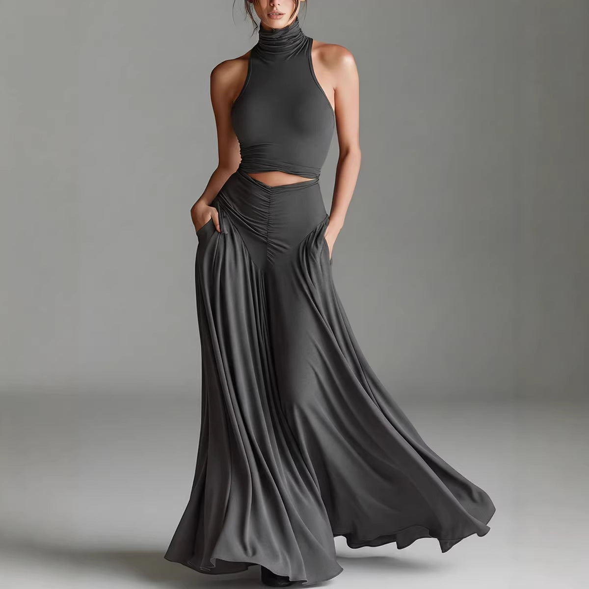 Style Sleeveless High Neck Top with Elegant Long Dress Two-Piece Set