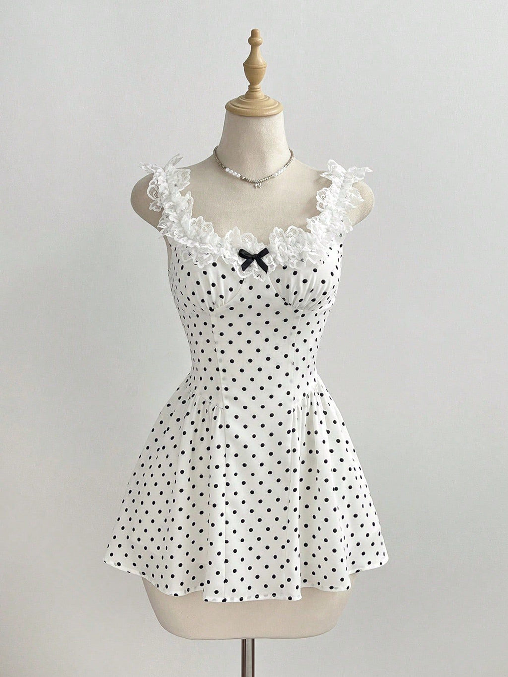 Lace lace bow polka dot A-line dress