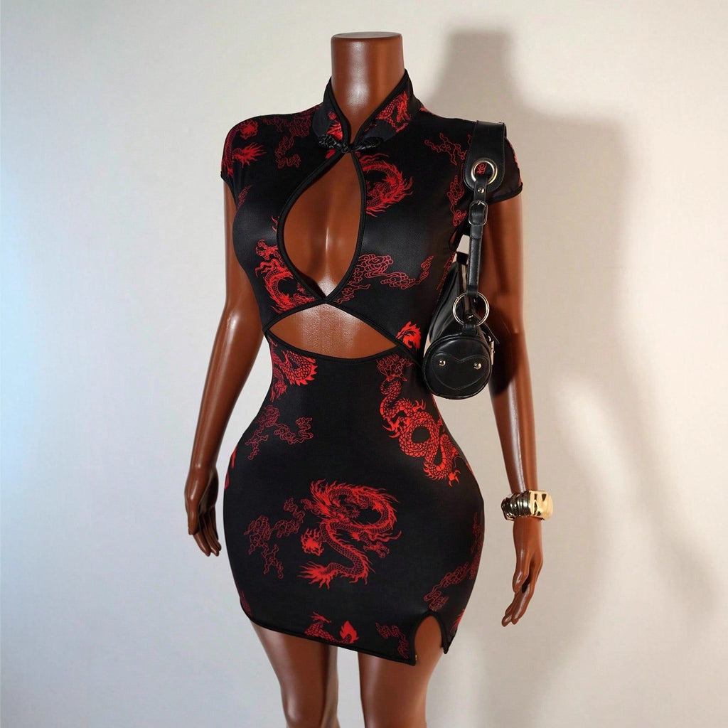 Printed short sleeved cheongsam dress