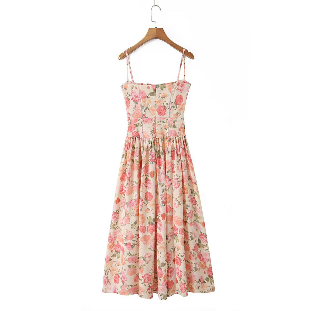 French vacation style printed suspender dress