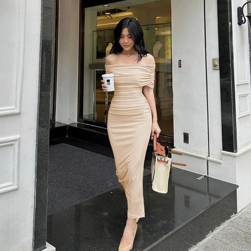 One-Shoulder Pleated Dress, Slim Fit, Bodycon, Side Slit, Cocktail Dress Long Dress