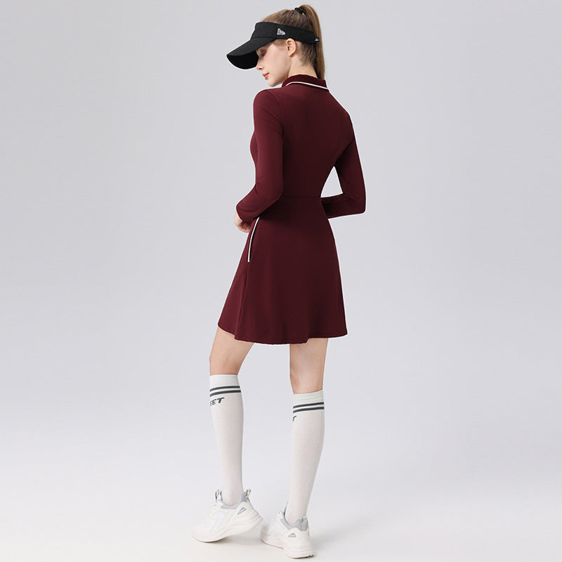 Long Sleeve Fitted Polo Neck Tennis Dress, Elegant Minimalist Badminton Sport Series Long Dress for Women