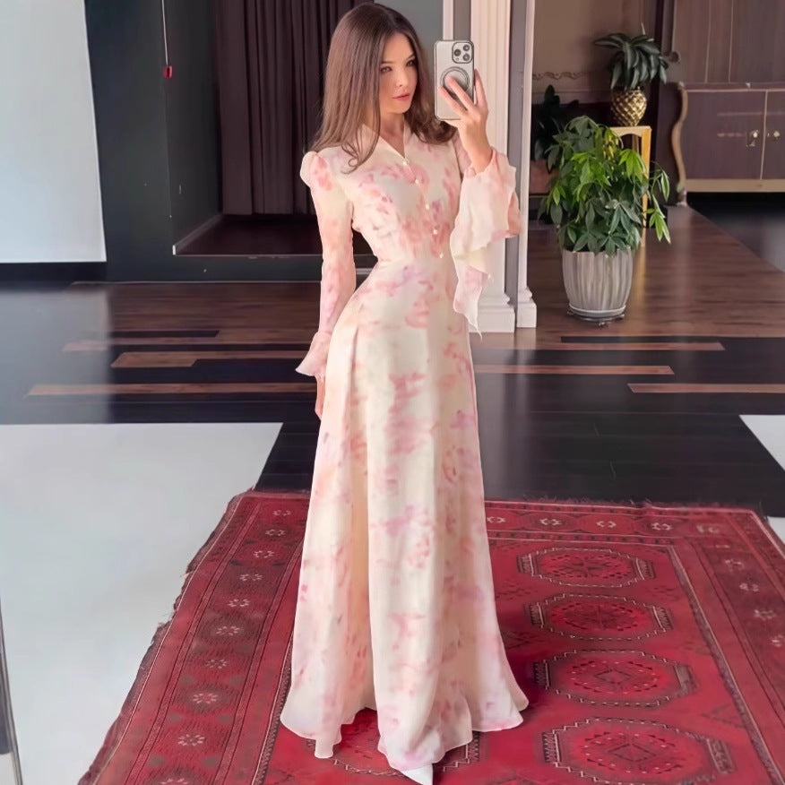 Style Printed Fitted Flared Sleeve A-line Long Sleeve Dress