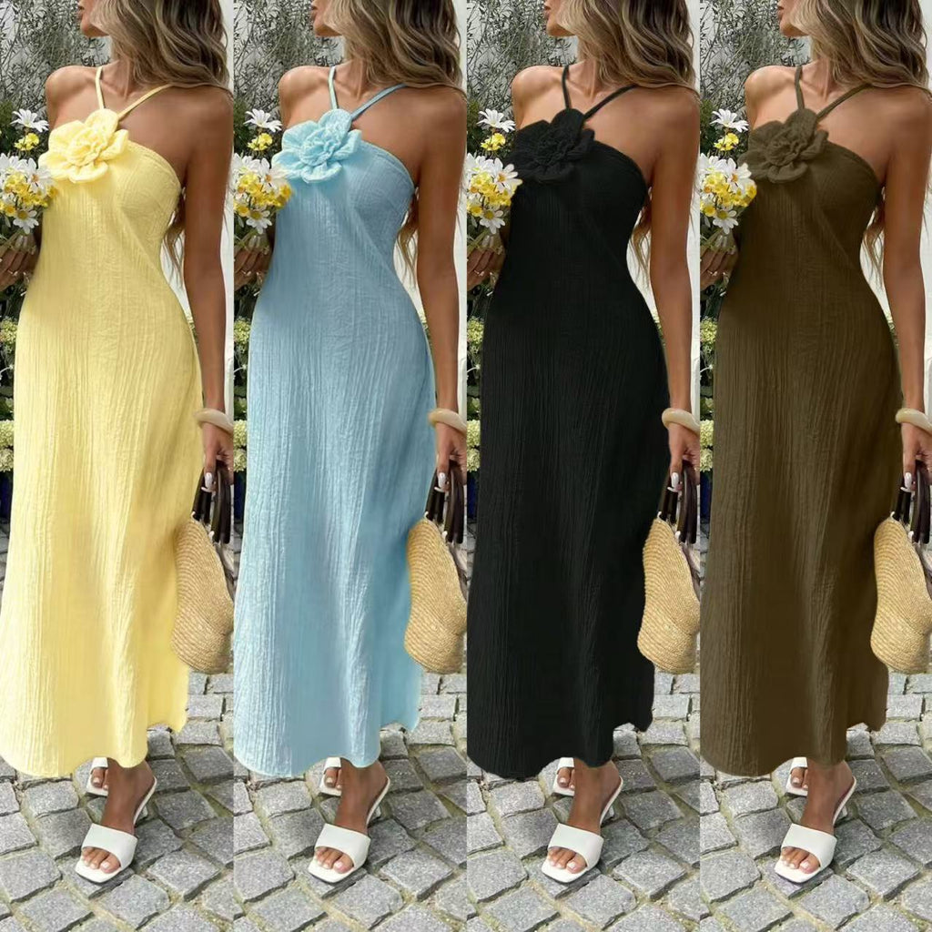 Women's Summer Fashion Floral Decorated Strapless Halter Sexy Backless Dress