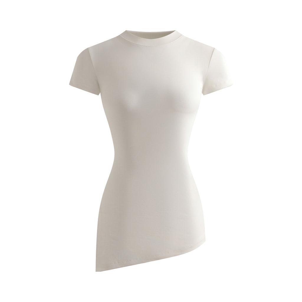 Slim-Fitting Versatile Knit Stretchy Fitted Slimming Short Sleeve Side-Slit Pleated Round Neck T-Shirt for Women