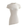 Slim-Fitting Versatile Knit Stretchy Fitted Slimming Short Sleeve Side-Slit Pleated Round Neck T-Shirt for Women