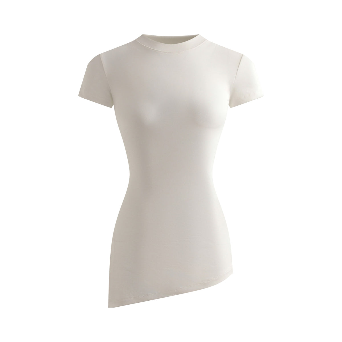 Slim-Fitting Versatile Knit Stretchy Fitted Slimming Short Sleeve Side-Slit Pleated Round Neck T-Shirt for Women